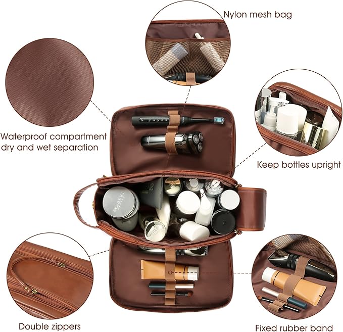 Personalized Leather Travel Toiletry Bag for Men, Large Travel Bathroom Shaving Dopp Kit, Large Cosmetic Bag Waterproof