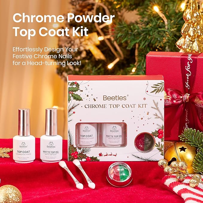 Beetles Christmas Gel Top Coat for Chrome Nail Powder, 15ml Chrome Top Coat,15ml Matte Top Coat with Red Green Mirror Chrome Powder Shiny Gloss No Wipe Long Lasting Soak Off Nail Lamp for Nails Art