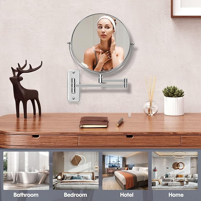 Large Size 9-in Wall Mounted Magnifying Makeup Mirror 1X/10X Magnification,Extendable Bathroom Mirrors Wall Mount Vanity Mirror for Shaving,12-in Folding Arm,Flexible Adjustable,Space-Saving,No Light