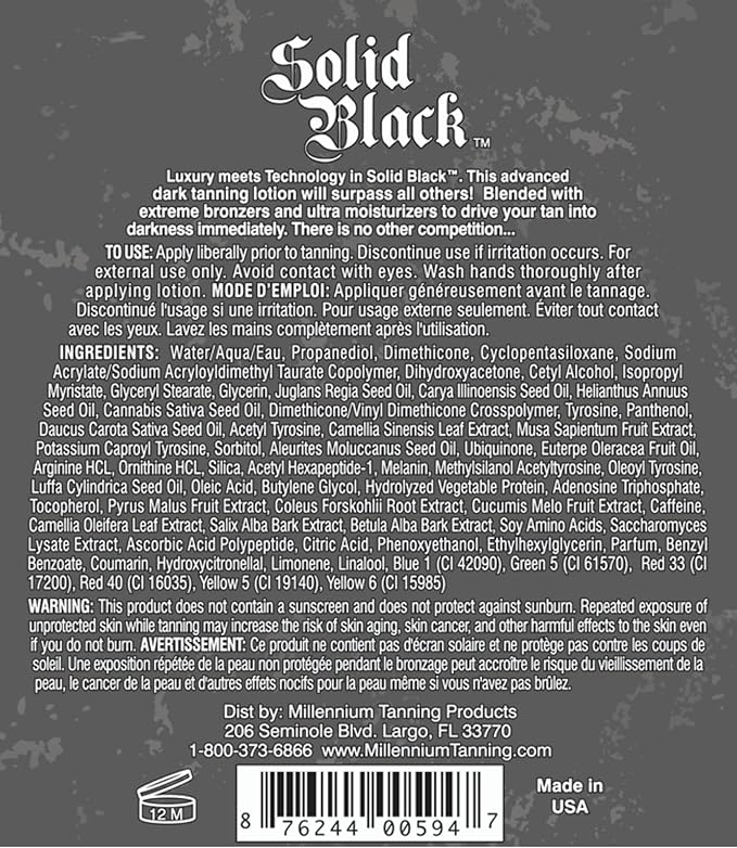 Millennium Tanning SOLID BLACK 100X Dark Tanning Lotion Indoor Outdoor Tan Enhancing Silicone Bronzer Tanning Bed Lotion 13.5 Fl oz (400 ml)
