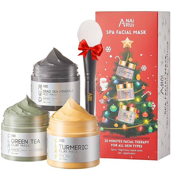 ANAI RUI Christmas Face Mask Gift Set, Turmeric Clay Mask - Green Tea Mask - Dead Sea Minerals Mud Mask, Bulk Christmas Gifts for Women/Tees Girls Stocking Stuffers2.5 oz each