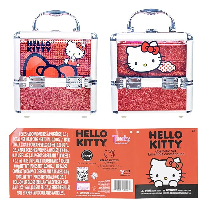 Hello Kitty Train Case Cosmetic Makeup Set Includes Lip Gloss, Eye Shimmer, Nail Polish, Hair Accessories & More! For Girls, Ages 6+ Perfect for Parties & Makeovers by Townley Girl
