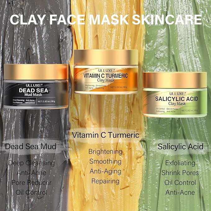 Facial Clay Mask Set - Vitamin C Turmeric Face Mask, Dead Sea Mud & Salicylic Acid (BHA) Mask for Pores Cleansing, Blackheads, Dark Spots, Brightening, Face Masks Skincare Gift for Women, 2.82 oz each