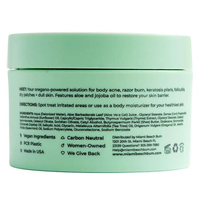 Miami Beach Bum, Bum + Body Butter Cream, Daily Moisturizer w/Oregano Oil for Body Acne, Keratosis Pilaris, Razor Burn, Ingrown Hairs, After Sun Lotion w/Aloe, Jojoba & Tea Tree, Mint, 3.4oz