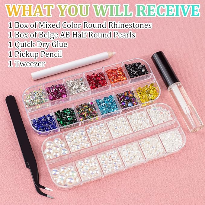 Colorful Flatback Face Gems and Beige AB Pearls for Makeup with Quick Dry Glue, Half Round Pearls Nail Art Rhinestones Glass Crystal Beads for Make-up Deco with Pickup Pencil + Tweezer