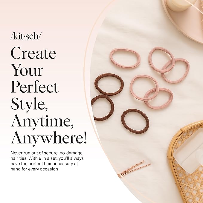 Kitsch Hair Ties No Damage - Strong, Stretchy Hair Bands | Soft Nylon Ponytail Holders, Snag-Free Rubber Bands, Perfect for Updos & Braids | Ideal Gifts for Women - Rosewood, 8pcs