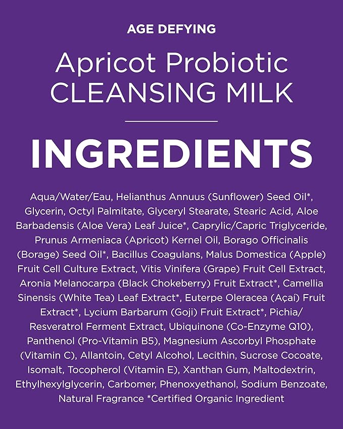 Andalou Naturals Age Defying Apricot Probiotic Cleansing Milk | Gentle Daily Hydrating Face Cleanser For Dry, Dehydrated Skin| With Fruit Stem Cell Complex | 6 fl oz