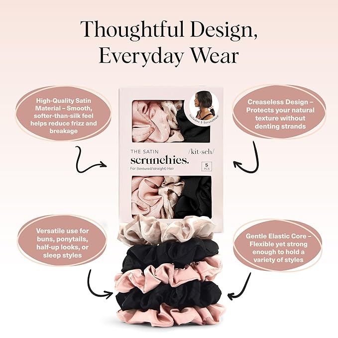 Kitsch Satin Scrunchies for Women - Softer Than Silk Scrunchies | Hair Ties No Damage for Frizz-Free Sleep | Stocking Stuffers for Teen Girls | Ideal Gifts for Women, Assorted, 5pcs