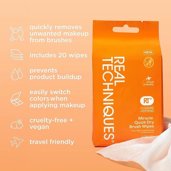 Real Techniques Miracle Quick Dry Brush Wipes, Remove Product Build-Up, Easily Switch Colors, Fast Drying, Convenient Makeup Brush Cleaner, Travel-Friendly, Cruelty-Free & Vegan, 20 Count