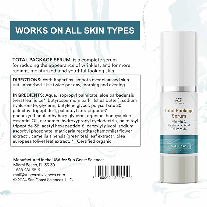 Sun Coast Sciences - Total Package Serum, All-In-One Vitamin C, Hyaluronic Acid, Anti-Aging Facial Super Serum for Wrinkles, Age Spots - 1 fl oz (Pack of 4)