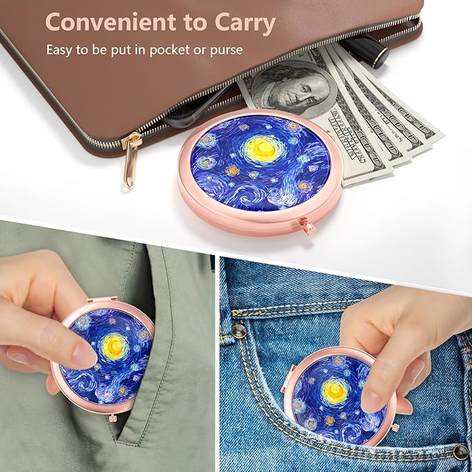 Nipichsha Compact Mirror, Pocket Travel Makeup Mirror, 2 - Sided 2X / 1X Magnification, Small Folding Portable Handheld, 2.75 in Rose Gold, Starry Night