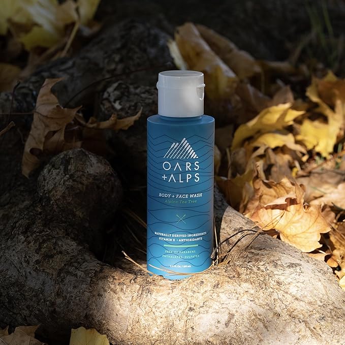 Oars + Alps Mens Moisturizing Body and Face Wash, Skin Care Infused with Vitamin E and Antioxidants, Sulfate Free, Alpine Tea Tree, Travel Size 3.4oz, 2 Pack