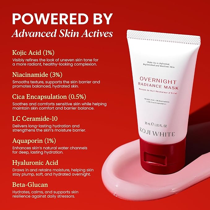 Koji White 1% Kojic Acid Radiance Overnight Face Mask – Hydrating Sleeping Mask for Glowing Skin, Uneven Tone & Smoothing with Niacinamide, Cica, Hyaluronic Acid - Unscented, Vegan Skincare 1.01 Fl Oz