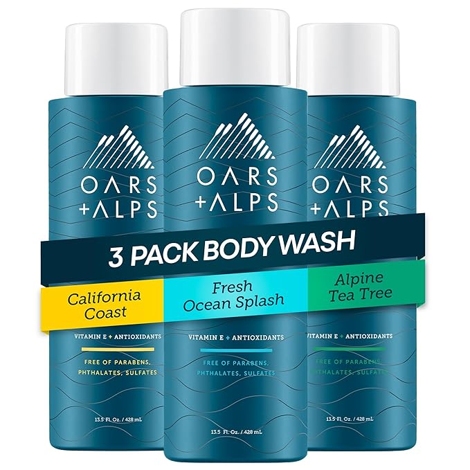 Oars + Alps Body Wash for Men, Mens Body Wash with Vitamin E and Antioxidants, Moisturizing, Hydrating, Paraben & Sulfate Free Cleanser, Variety Set, 3pk