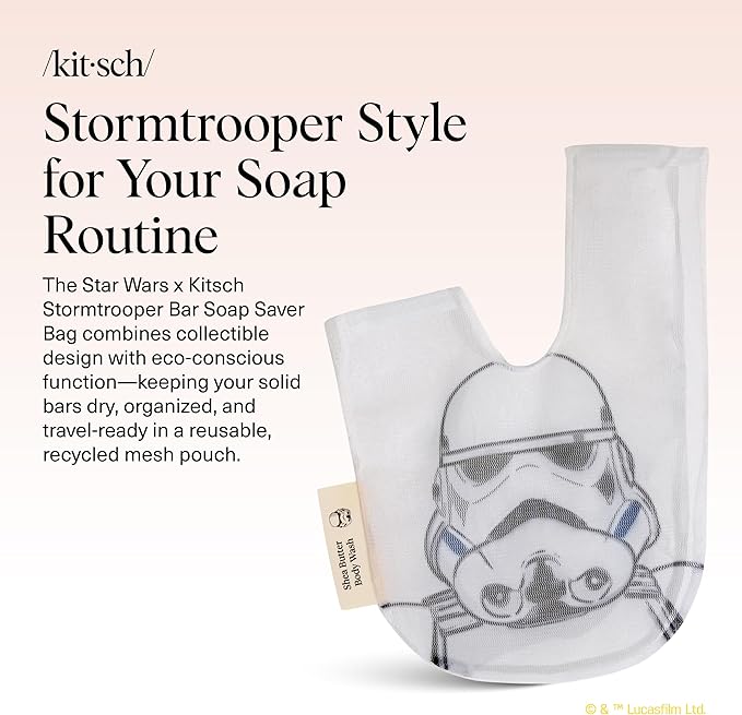 Kitsch x Star Wars Stormtrooper Soap Saver Bag – Patented Mesh Bag Soap Holder for Body Wash Bar - Extends Use & Prevents Soggy Mess - Recycled Mesh Beauty Pouch, Eco-Friendly