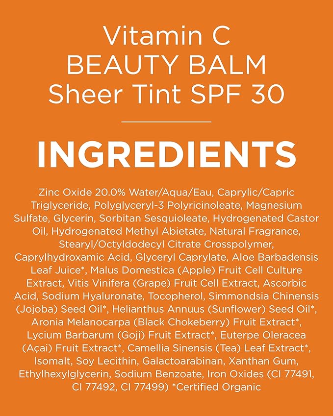 Andalou Naturals Vitamin C BB Beauty Balm Sheer Tint SPF 30 - 2-in-1 BB Cream & Mineral Sunscreen for Face - With Non-Nano Zinc Oxide Skin Protection - 2 fl oz