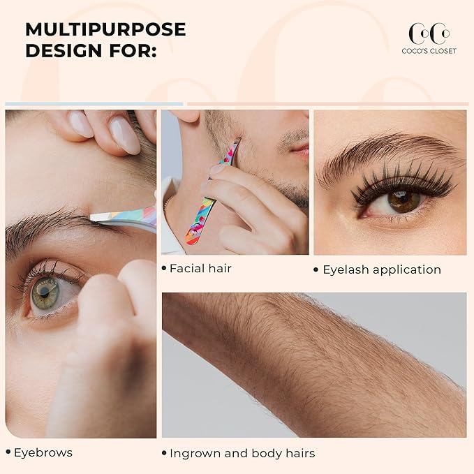 Professional Tweezers for Facial Hair Removal for Women, Sharp Tweezers for Men, Slant Point Tip Plucks and Shapes with Precision, Use for Eyebrows, Splinter, First-aid, Ingrown Hair Removal, Rainbow