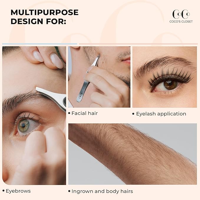 Professional Tweezers for Facial Hair Removal for Women, Sharp Tweezers for Men, Slant Point Tip Plucks and Shapes with Precision, Use for Eyebrows, Splinter, First-aid and Ingrown Hair Removal, Rose