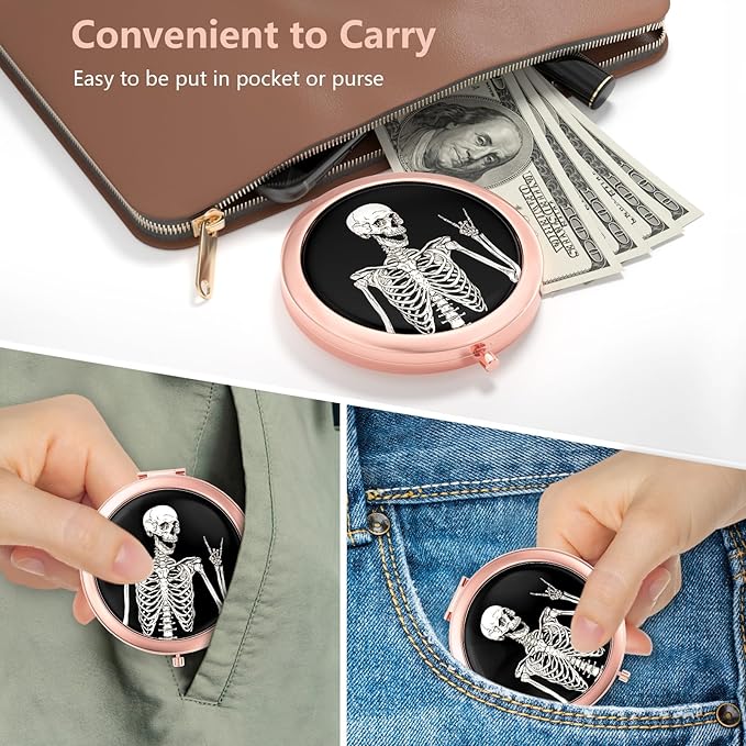 Nipichsha Compact Mirror, Pocket Travel Makeup Mirror, 2 - Sided 2X / 1X Magnification, Small Folding Portable Handheld, 2.75 in Rose Gold, Skeleton