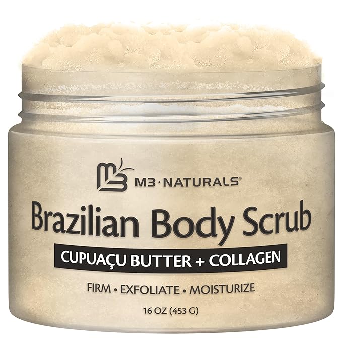Firming & Moisturizing Brazilian Body Scrub for Body, Hands & Feet, Gentle Body Exfoliator with Cupuacu Butter, Jojoba Oil & Collagen, 16 oz (453 g) by M3 Naturals
