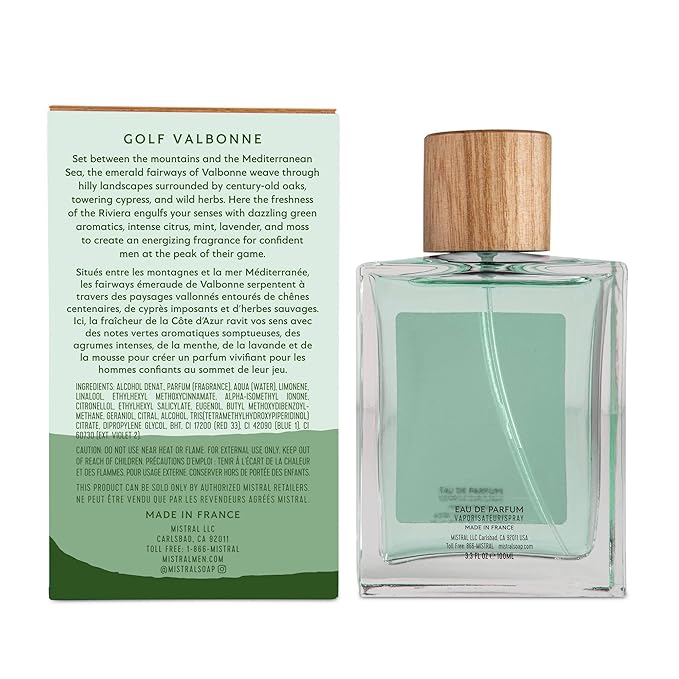Mistral Men's Cologne - Golf Valbonne Eau de Parfum Spray | Long-Lasting Fresh Green & Citrus Fragrance with Bergamot, Mint & Moss | Cruelty-Free French Cologne for Men | Made in France - 3.4 Oz
