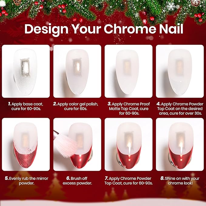 Beetles Christmas Gel Top Coat for Chrome Nail Powder, 15ml Chrome Top Coat,15ml Matte Top Coat with Red Green Mirror Chrome Powder Shiny Gloss No Wipe Long Lasting Soak Off Nail Lamp for Nails Art