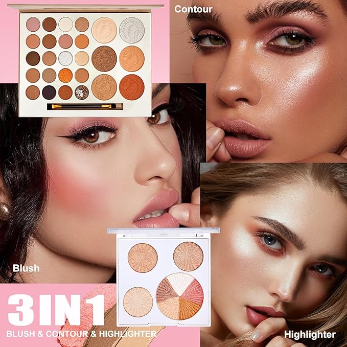 All in One Makeup Kit for Women Full Kit, Make Up Gift Set, Makeup Essential Bundle Includes Foundation Eyeshadow Palette Concealer Lipstick Eyeliner Eyebrow Stencils Mascara Cosmetic Brush Set