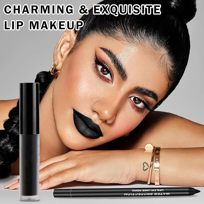 Black Lipstick Halloween Black Lip Liner Lip Kit,Matte Black Lipstick Long Lasting Smudge Proof,Velvet Black Lip Gloss Lip Stain,Non Stick Cup Black Liquid Lip Stick and Lip Pencil for Women