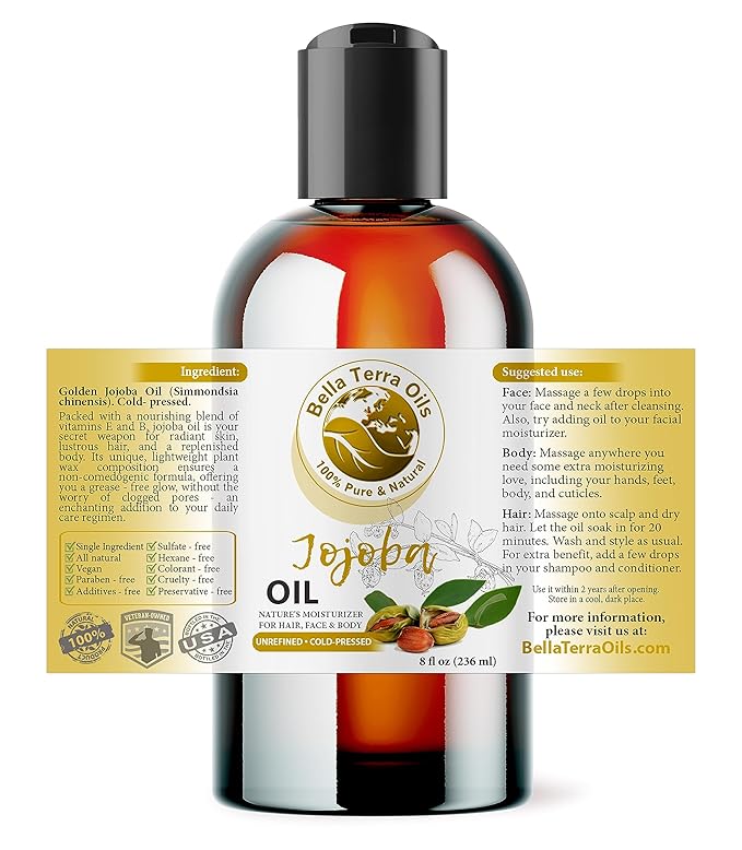 Bella Terra Oils - Organic Jojoba Oil 8oz - Embrace Organic Jojoba's Hydrating Potential, Rich in Essential Nutrients & Antioxidants, Perfect for Nail Oil Enthusiasts