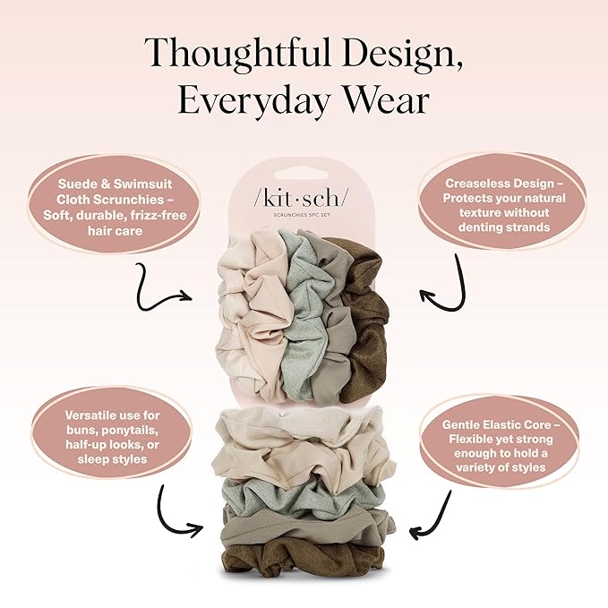 Kitsch Scrunchies for Women - No Crease Hair Ties for Girls | Scrunchies For All Hair Types and Textures, Perfect for Day or Night | Ideal Gifts for Women - Moss Green, 5 Pcs