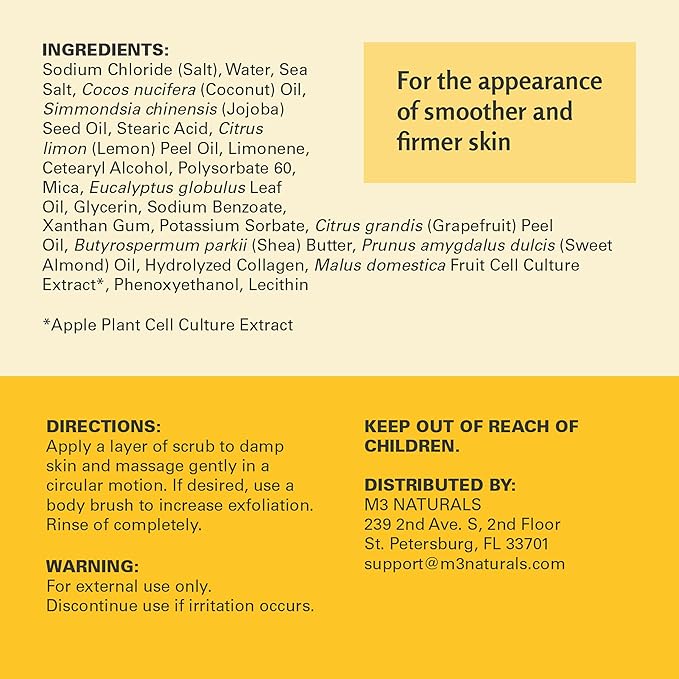 Anti-Cellulite Body Scrub for Skin Tightening, Firming, Moisturizing & Smoothing, Exfoliating Formula for Legs, Glutes, Hands & Feet with Stem Cells, Collagen, Coconut & Jojoba Oil, 16oz - M3 Naturals