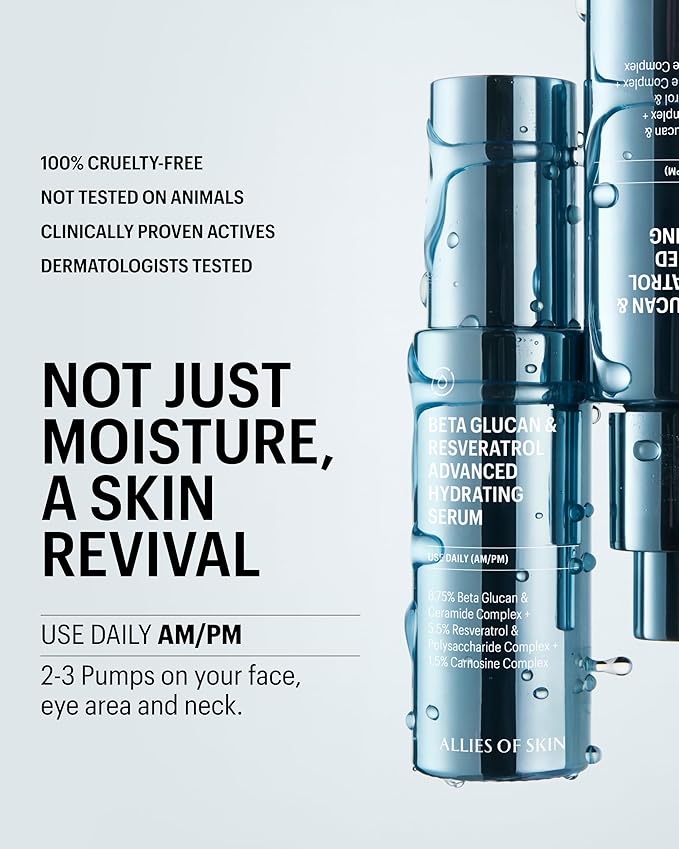 Allies of Skin Beta Glucan & Reservatrol Advanced Hydrating Serum | Plumping Face Serum with Ceramides, Peptides and Hyaluronic Acid | For Sensitive and Dry, Dehydrated Skin (1 Fl oz)