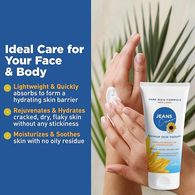 Jeans Maximum Skin Therapy Cream with Aloe & Vitamin E. Moisturizing Cream for Dry & Sensitive Skin affected by many causes such as Radiation Treatment, Sunburn, Itchiness & Redness. 2oz