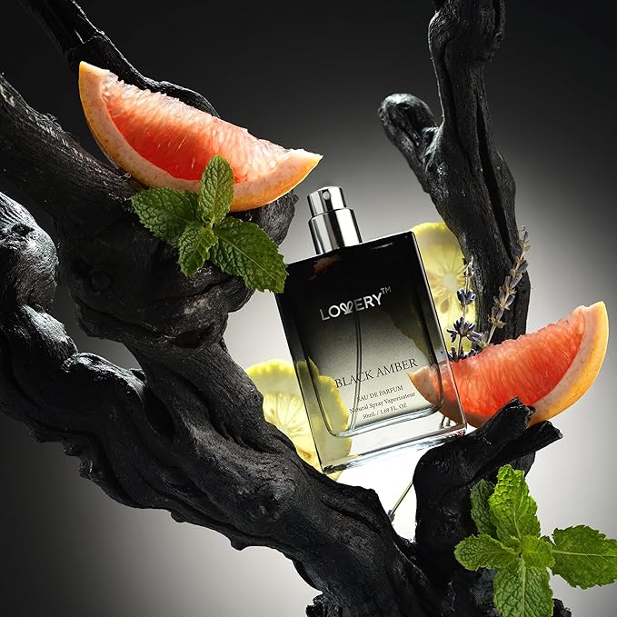LOVERY Dads Gifts - Black Amber Mens Perfume 4 in 1 Deodorant & Cologne Gift Set - 4pc Mens Cologne Set - Parfum, Antiperspirant Deodorant Stick, Aftershave Gel, Masculine Birthday Perfumes for Men