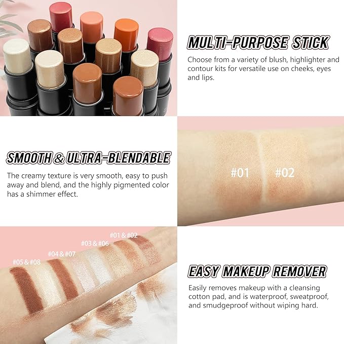 2Pcs Highlighter Stick Cream Contour Stick Makeup Kit, Shimmer Highlighter and Bronzer Stick Contour Wand, Water-proof Long Lasting Smooth Face Brightens & Shades Contouring Stick Illuminator