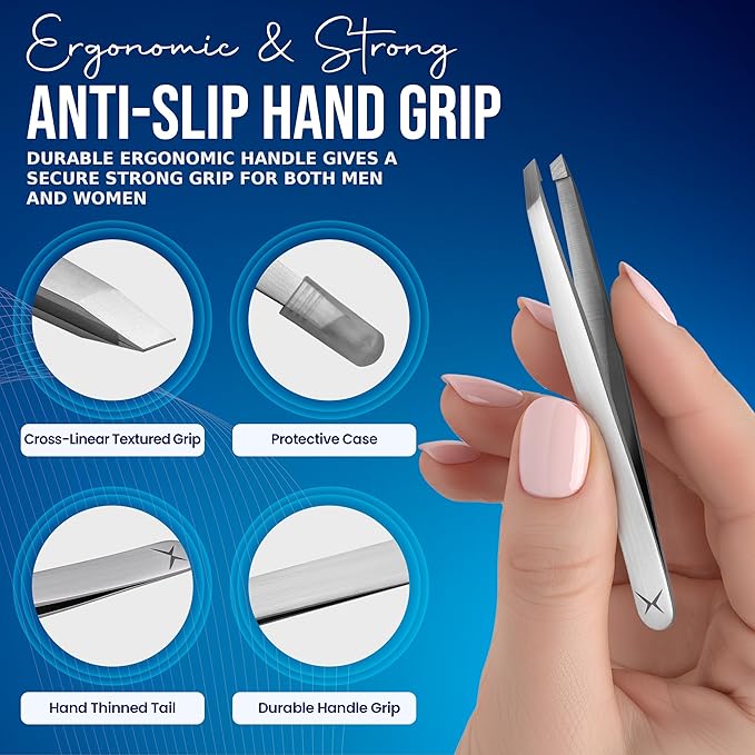 Slanted Stainless Steel Tweezers for Men & Women - Precision Eyebrow Tweezers for Facial Hairs, Strong Grip, Fine Tip, Professional Tweezer for Plucking & Grooming (Classic Stainless)