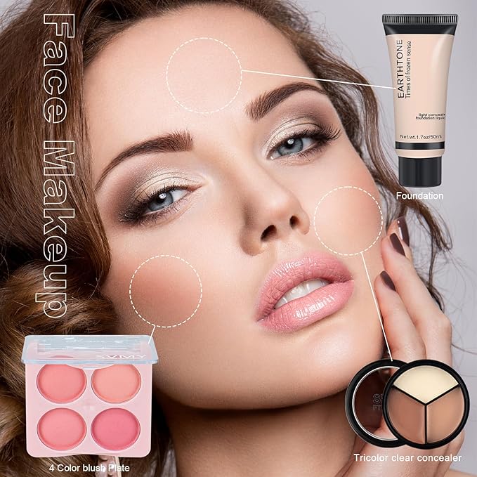 All in One Makeup Kit Makeup Set for Girls Includes18-Color Eyeshadow Palette Lip Gloss Brow Pencil Blush Concealer Foundation Mascara & Eyeliner with Travel-Friendly Tools for Everyday Glam