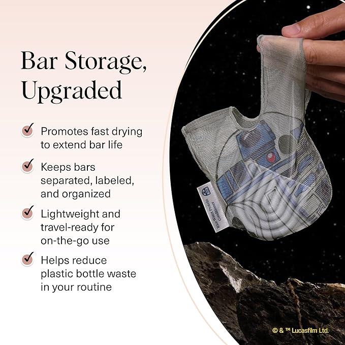 Kitsch x Star Wars R2-D2 Soap Saver Bag – Patented Mesh Bag Soap Holder for Shampoo & Conditioner Bars - Extends Use & Prevents Soggy Mess - Recycled Mesh Beauty Pouch, Eco-Friendly