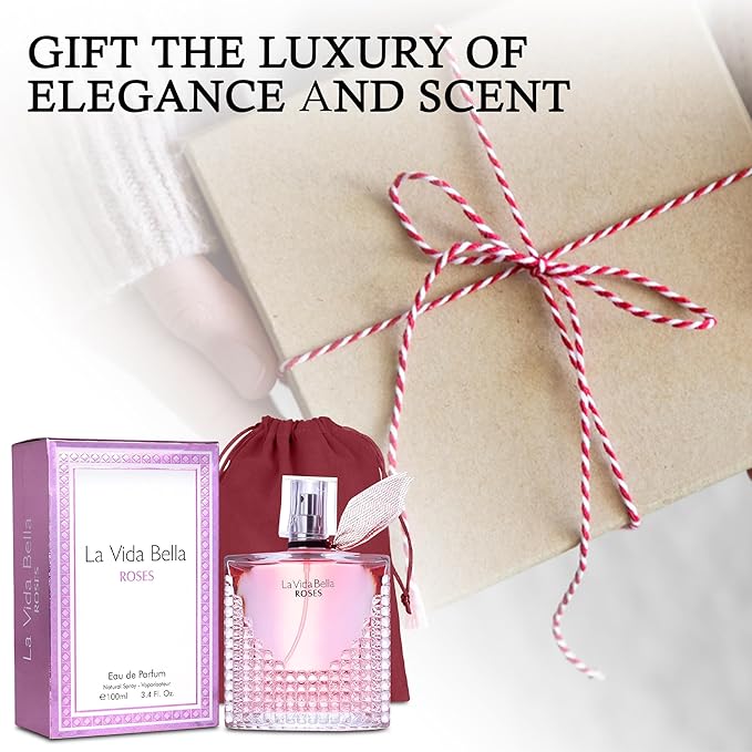 La Vida Bella Roses Eau de Parfum Spray Perfume, Fragrance For Women-Daywear, Casual Daily Cologne Set with Suede Pouch- 3.4 Fl Oz Bottle Beauty Gift for Birthday, Anniversary
