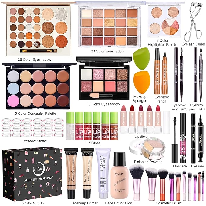 All in One Makeup Kit for Women Full Kit, Make Up Gift Set, Makeup Essential Bundle Includes Foundation Eyeshadow Palette Concealer Lipstick Eyeliner Eyebrow Stencils Mascara Cosmetic Brush Set