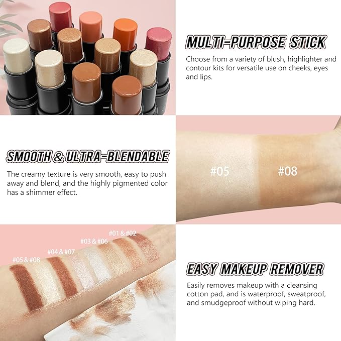 2 Pcs Cream Contour Stick Makeup Kit, Cream Highlighter Stick & Contour Bronzer Stick for Cheeks, Lightweight Blendable Smooth -Highlighter & Bronzer (#05 Beige Gold #08 Brown)