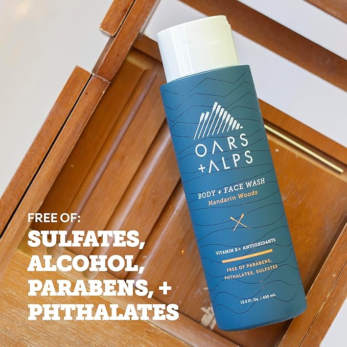 Oars + Alps Mens Moisturizing Body and Face Wash, Skin Care Infused with Vitamin E and Antioxidants, Sulfate Free, Mandarin Woods, 13.5oz, 3 Pack