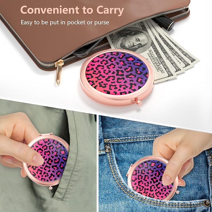 Nipichsha Compact Mirror, Pocket Travel Makeup Mirror, 2 - Sided 2X / 1X Magnification, Small Folding Portable Handheld, 2.75 in Rose Gold, Colorful Leopard Print