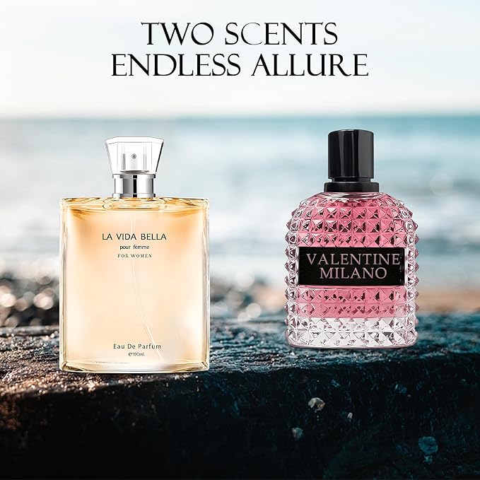 Women's Perfume La Vida Bella&Valentine Valentine Milano Combo Set Eau De Parfum Long Lasting Fragrance 3.4 Fl Oz Spray Each for Daily Used