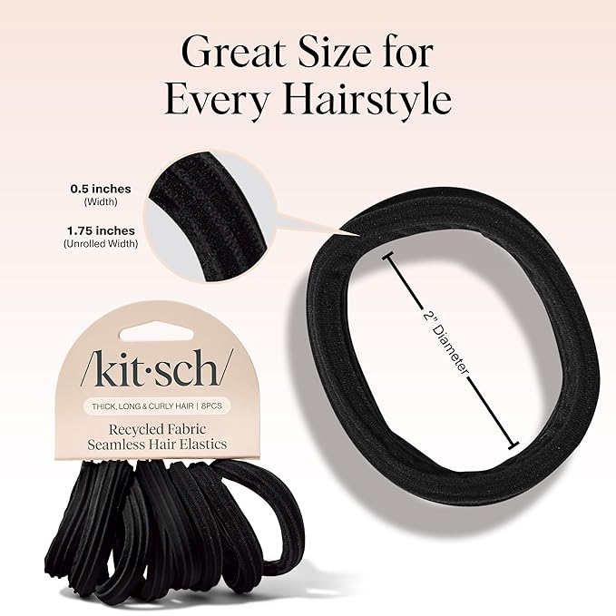 Kitsch Hair Ties No Damage - Strong, Stretchy Hair Bands | Soft Nylon Ponytail Holders, Snag-Free Rubber Bands, Perfect for Updos & Braids | Ideal Gifts for Women - Black, 8pcs