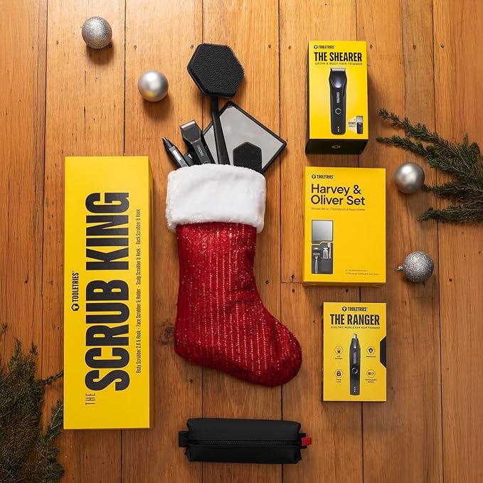 TOOLETRIES The Scrub King - Men's Silicone Body and Face Scrubber Set - Back Scrubber for Shower, Body Scrubbers, Storage Hooks, & Face Brush Holder - Shower Accessories for Men - Charcoal