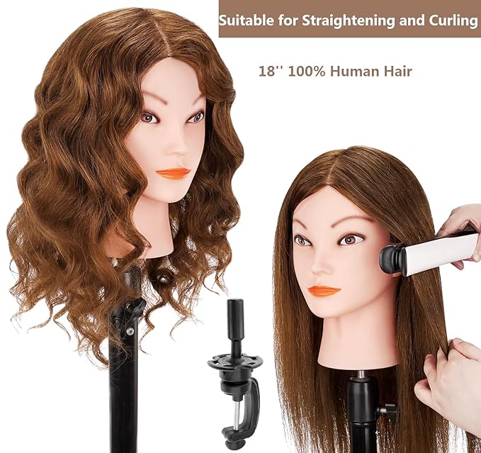 Mannequin Head with 100% Real Human Hair, Beauty Star Manikin Doll Head for Hair Styling, Cosmetology Hairdressing Training Practice Head with Clamp Stand and Braiding Accessories Kit (18" Dark Brown)
