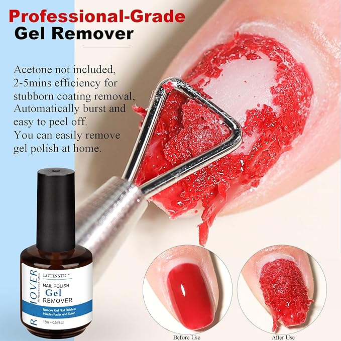 LOUINSTIC Gel Nail Polish Remover Kit – Fast & Gentle & No Damage to Nails,Includes Nail Files for At-Home Manicure, Safe & Non-Damaging Nail Care for DIY Lovers(1PC/15ML)