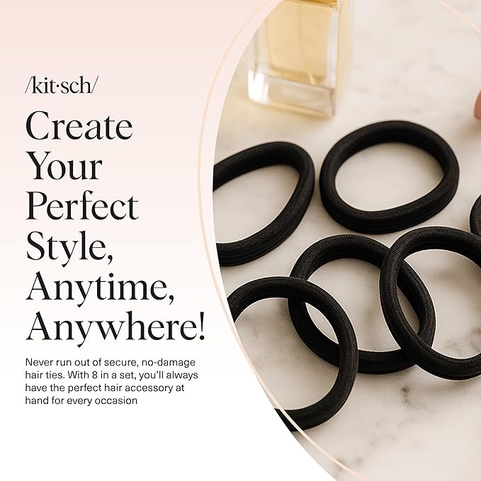 Kitsch Hair Ties No Damage - Strong, Stretchy Hair Bands | Soft Nylon Ponytail Holders, Snag-Free Rubber Bands, Perfect for Updos & Braids | Ideal Gifts for Women - Black, 8pcs