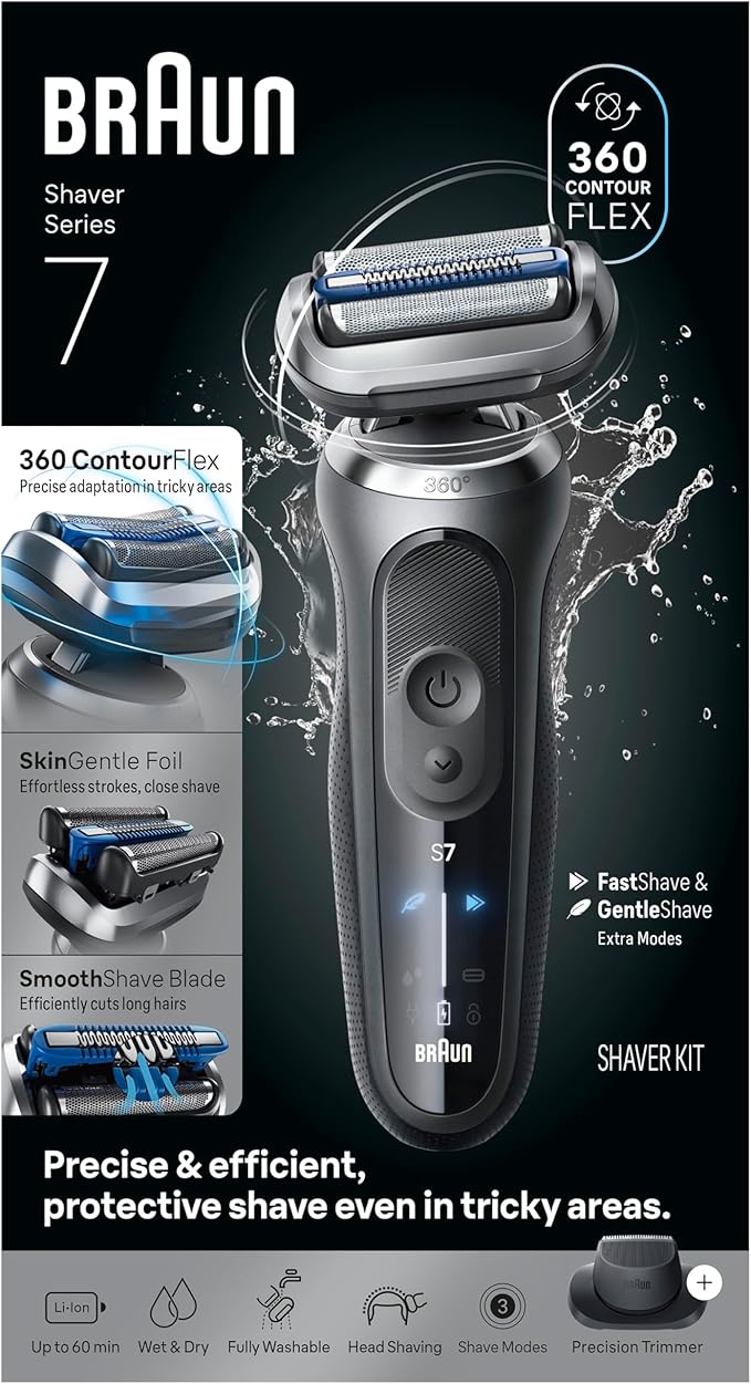 Braun Electric Shaver for Men, Series 7 7120s, Wet & Dry Shave, Turbo & Gentle Shaving Modes, Waterproof Foil Shaver, with Precision Trimmer, Space Grey
